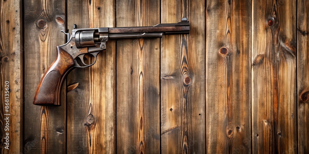 Gun hanging on a rustic wooden wall, firearm, weapon, gun control, crime, protection, safety, defense, security Gun hanging on a rustic wooden wall, firearm, weapon, gun control, crime, protection, safety, defense, security