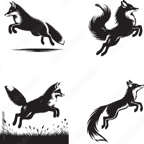Jumping Fox black and white vector silhouette illustration
