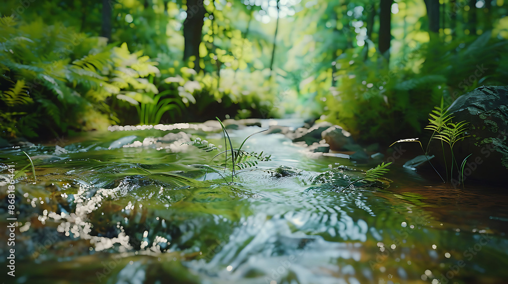 A refreshing summer scene of a crystal-clear stream flowing through a lush forest, captured in HD A refreshing summer scene of a crystal-clear stream flowing through a lush forest, captured in HD