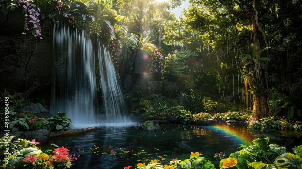 A tranquil view of a waterfall flowing into a serene pond, surrounded by lush greenery and vibrant flowers, with sunlight filtering through the trees, and a rainbow arching over the scene A tranquil view of a waterfall flowing into a serene pond, surrounded by lush greenery and vibrant flowers, with sunlight filtering through the trees, and a rainbow arching over the scene