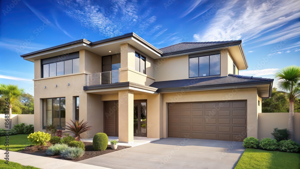 Fototapeta premium Contemporary home with soft ecru walls, sapphire trim, under a sunny sky, contemporary, home, ecru, walls, sapphire, trim