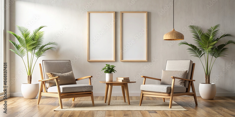 Living room design with empty frame mockup, two wooden chairs on white wall
Living room design with empty frame mockup, two wooden chairs on white wall