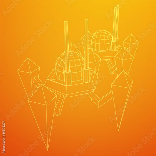 Spider robot with radar antenna. Nanobot, nanotechnology medical concept. Wireframe low poly mesh vector illustration