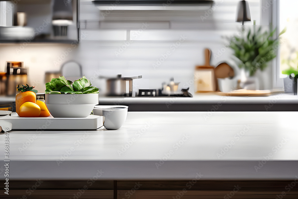 white table for display or product showcase with blurry modern kitchen background scene white table for display or product showcase with blurry modern kitchen background scene