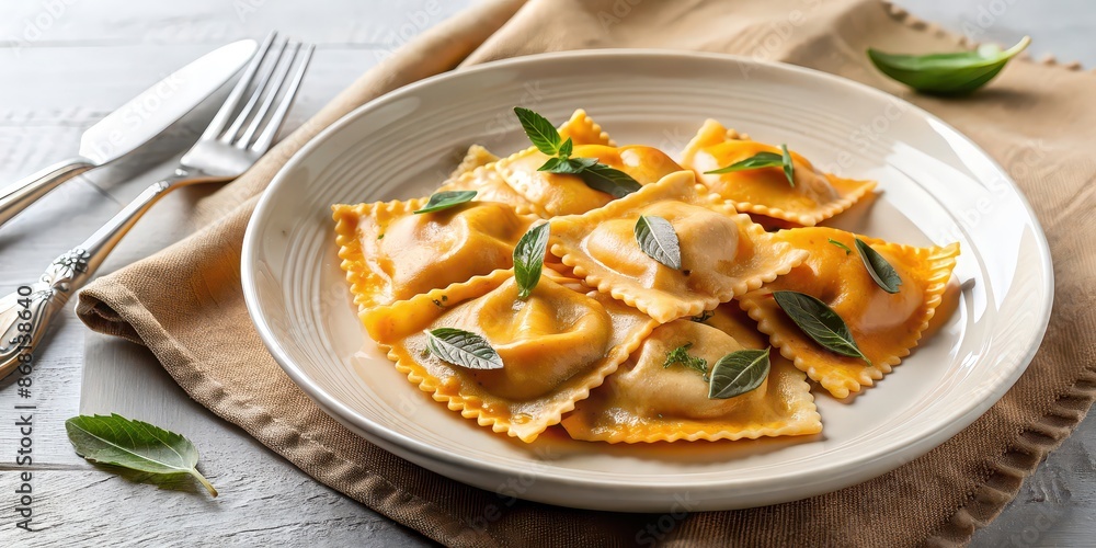 Pumpkin ravioli with brown butter sage sauce on a white plate, pumpkin, ravioli, brown butter, sage, sauce, pasta Pumpkin ravioli with brown butter sage sauce on a white plate, pumpkin, ravioli, brown butter, sage, sauce, pasta