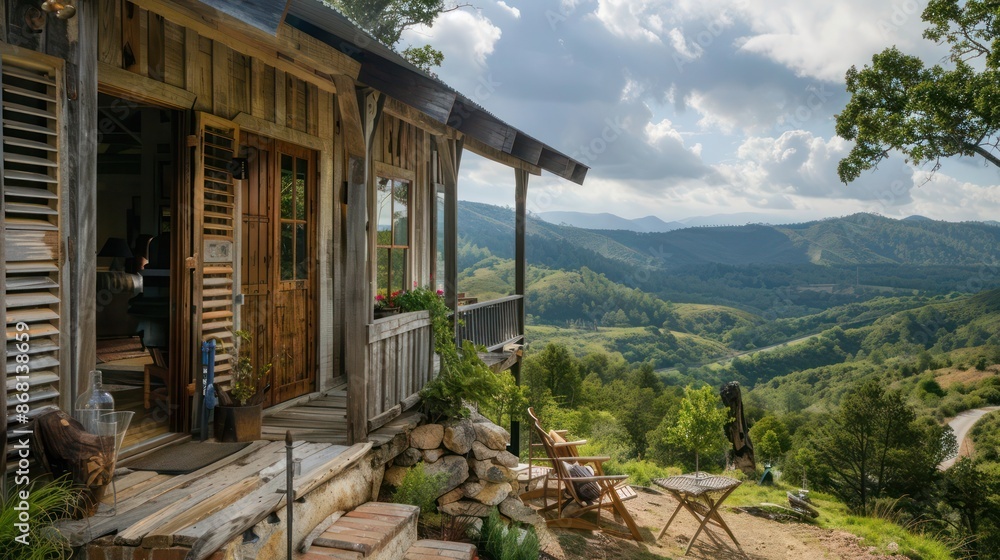 mountain home with rustic Bahama shutters made of reclaimed wood, overlooking a valley mountain home with rustic Bahama shutters made of reclaimed wood, overlooking a valley