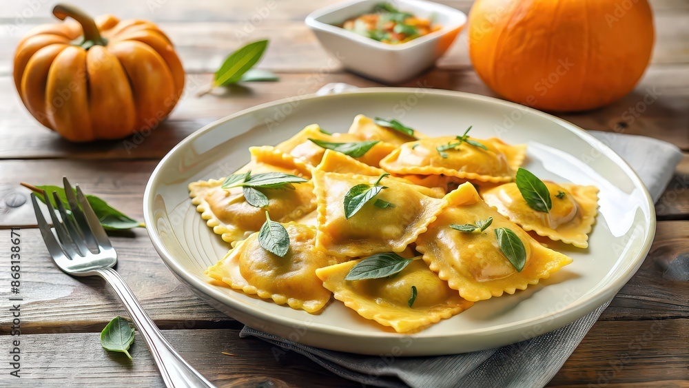 Pumpkin ravioli with brown butter sage sauce on a white plate, pumpkin, ravioli, brown butter, sage, sauce, pasta Pumpkin ravioli with brown butter sage sauce on a white plate, pumpkin, ravioli, brown butter, sage, sauce, pasta