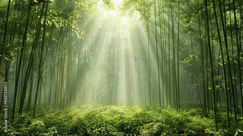 A forest with sunlight shining through the trees