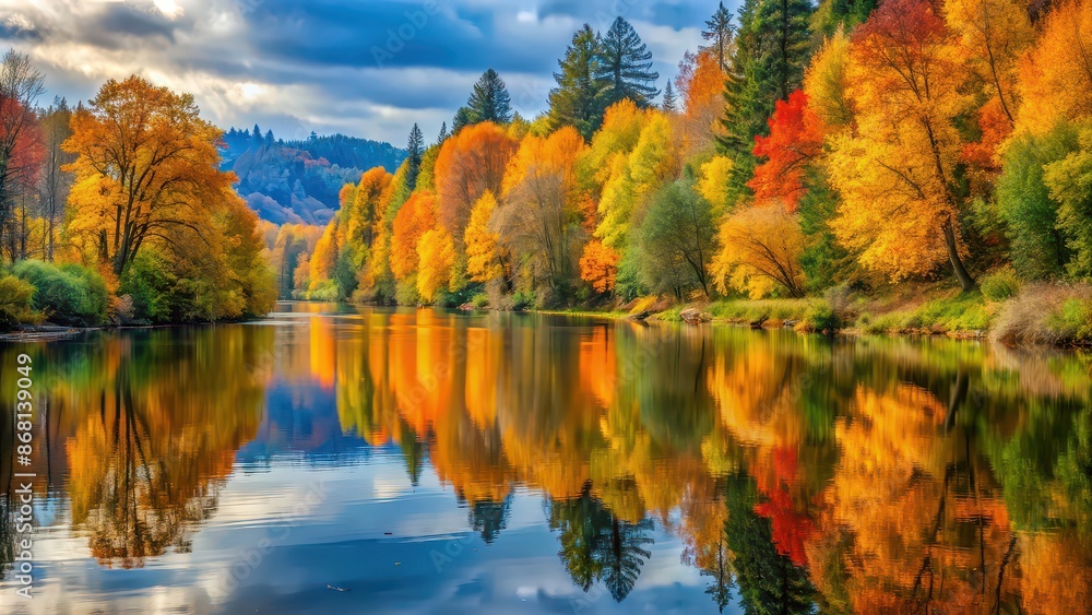 Obraz premium Autumn trees with vibrant foliage reflecting in calm Stillaguamish River, Fall, Foliage, Reflection, Stillaguamish River