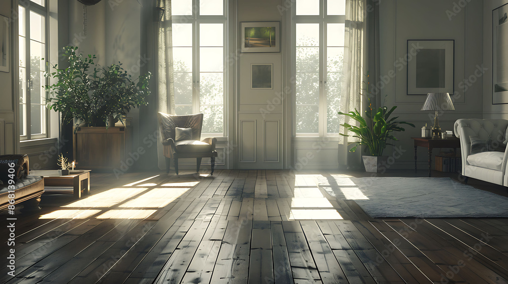 A Scandinavian-inspired room with dark flooring and light furnishings, adding depth to the space, captured with HD precision A Scandinavian-inspired room with dark flooring and light furnishings, adding depth to the space, captured with HD precision