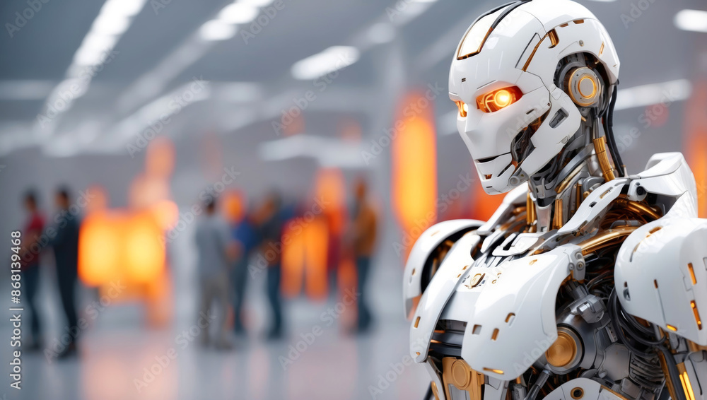 A humanoid white robot in a hall with people A humanoid white robot in a hall with people