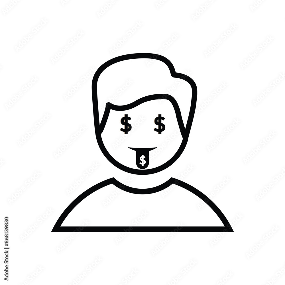 simple man icon with dollars in his eyes. outline design style. Suitable for icons for reports, web, presentations etc. vector design template simple man icon with dollars in his eyes. outline design style. Suitable for icons for reports, web, presentations etc. vector design template