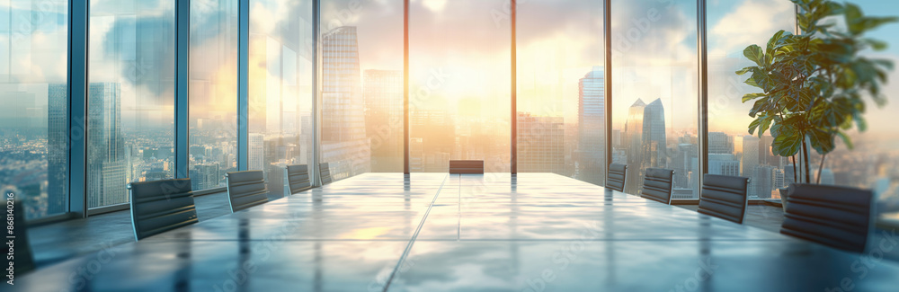 Fototapeta premium Modern Corporate Boardroom with City View and Sunlight.