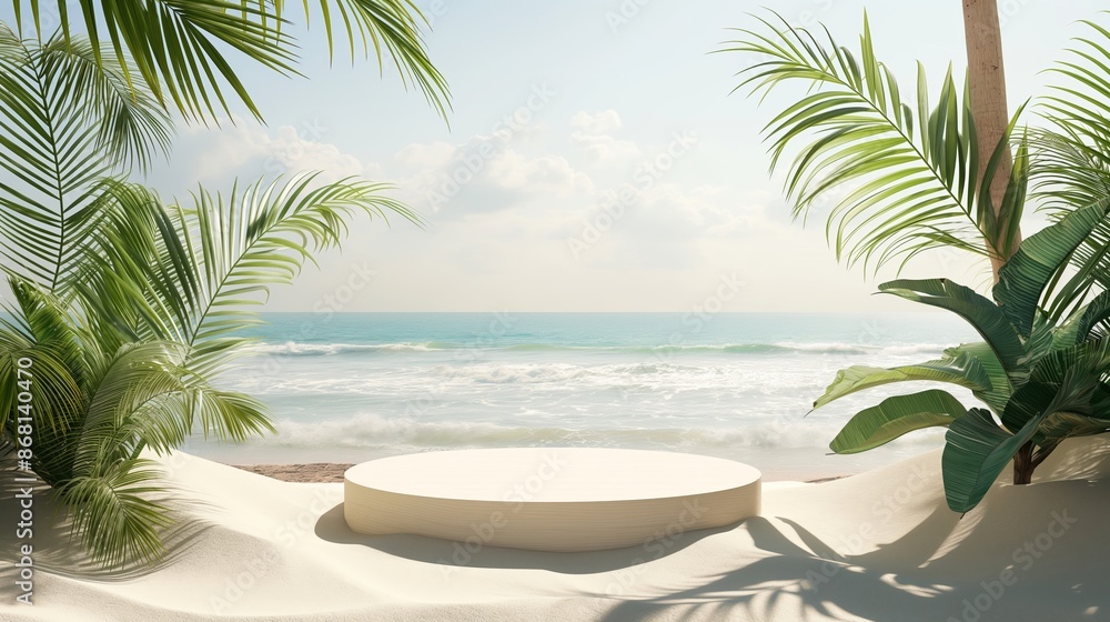 Fototapeta premium A beach scene with palm trees and a white sand area. Product presentation background