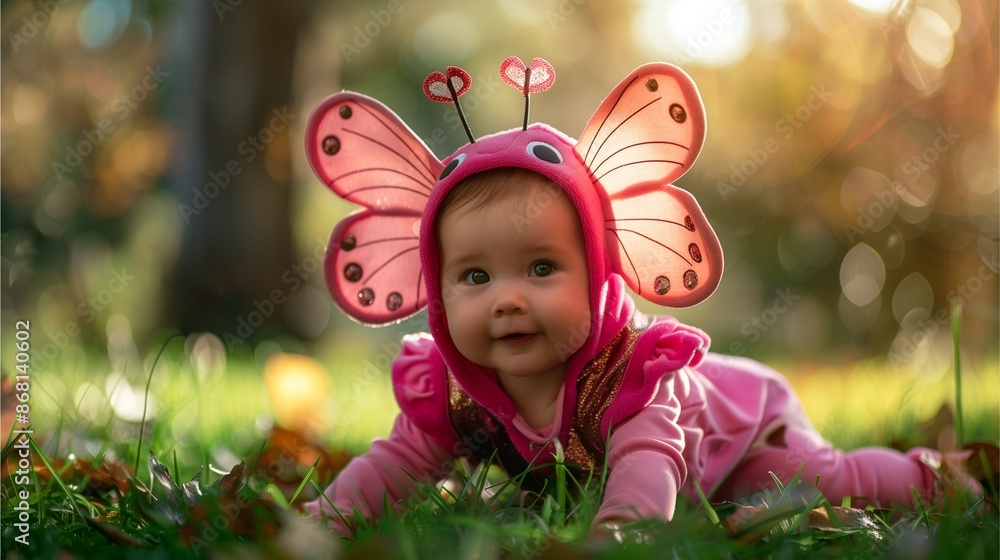 baby crawling In a pink butterfly costume baby crawling In a pink butterfly costume