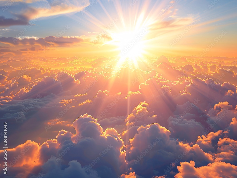 Close-up of the sun setting behind a serene backdrop of fluffy clouds, its rays diffusing into a gradient of warm colors that gently blend into the cool, clear horizon Close-up of the sun setting behind a serene backdrop of fluffy clouds, its rays diffusing into a gradient of warm colors that gently blend into the cool, clear horizon