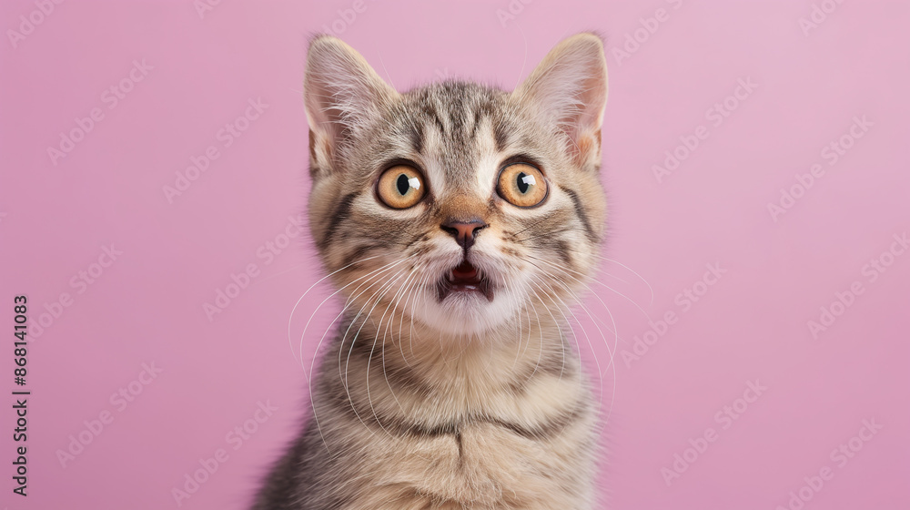 Adorable cute cat with surprised expression isolated on light purple background, Animal photography Adorable cute cat with surprised expression isolated on light purple background, Animal photography