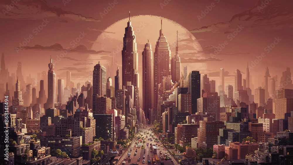 Obraz premium NYC skyline at dusk with skyscrapers bathed in golden light