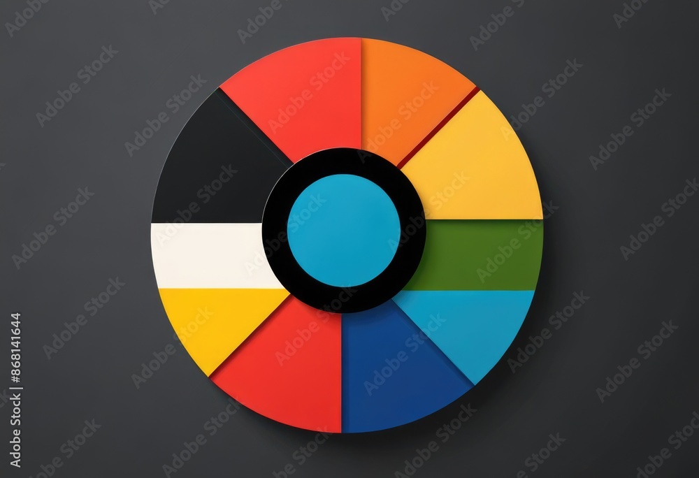 a segmented circle in vibrant primary colors, divided by black lines, showcasing the contrast with monochrome areas a segmented circle in vibrant primary colors, divided by black lines, showcasing the contrast with monochrome areas