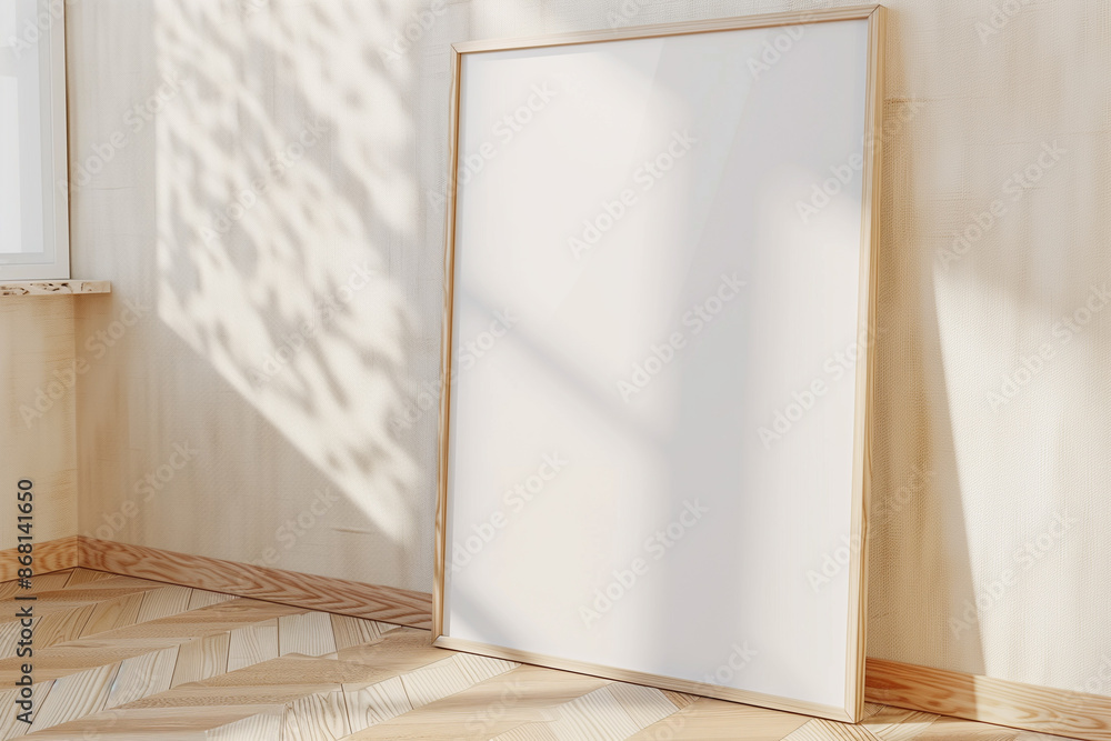 Interior scene with an empty frame mockup on a wooden floor. Interior scene with an empty frame mockup on a wooden floor.
