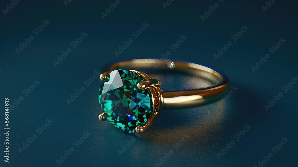 A bold emerald ring with a gold band, placed on a solid navy blue background. A bold emerald ring with a gold band, placed on a solid navy blue background.