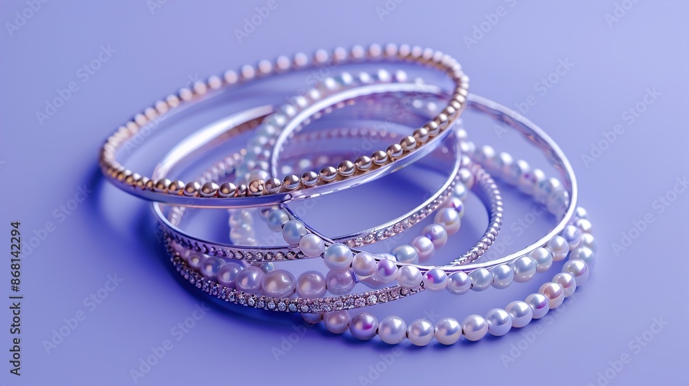 A collection of pearl-studded bangles in varying sizes, arranged on a solid lavender background. A collection of pearl-studded bangles in varying sizes, arranged on a solid lavender background.