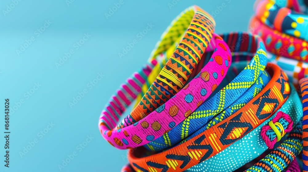 A collection of woven fabric bangles with bright patterns, set against a solid cyan background. A collection of woven fabric bangles with bright patterns, set against a solid cyan background.