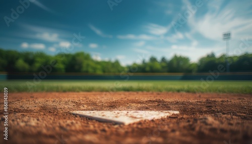 A baseball field under a partly cloudy sky, with a focus on home plate and the pitching mound in the foreground.
