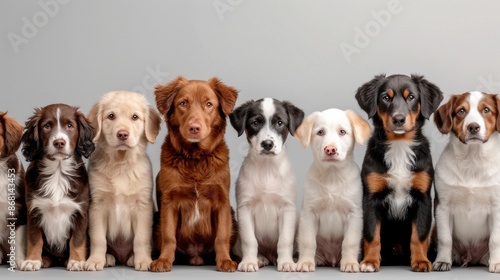 A lineup of adorable puppies of different breeds sitting together against a light gray background, showcasing their diversity and cuteness. © Narongsak