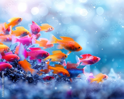 A vibrant underwater scene featuring a colorful school of fish swimming in clear blue waters, with soft light creating a magical ambiance.