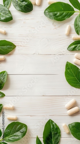 White herbal capsules surrounded by green leaves