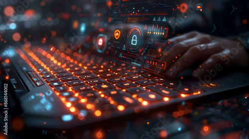 Close-up of Hands Typing on a Futuristic Glowing Keyboard