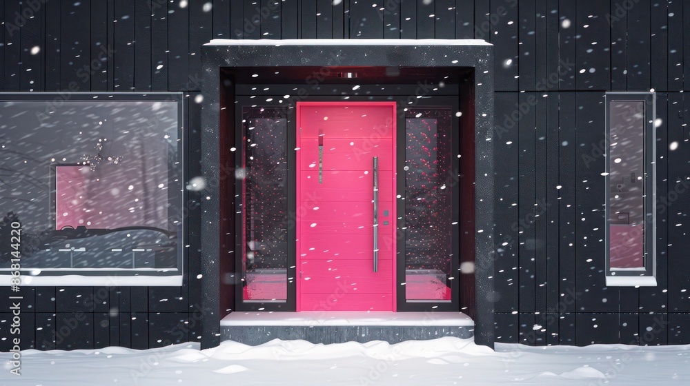 neon pink door with contemporary glasswork on a sleek black house, making a bold and striking entrance in the snow neon pink door with contemporary glasswork on a sleek black house, making a bold and striking entrance in the snow