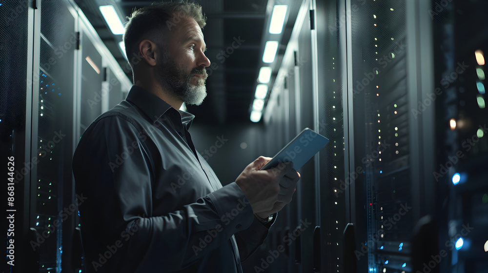 Fototapeta premium Professional Data Center Engineer Inspecting Servers with Tablet 4