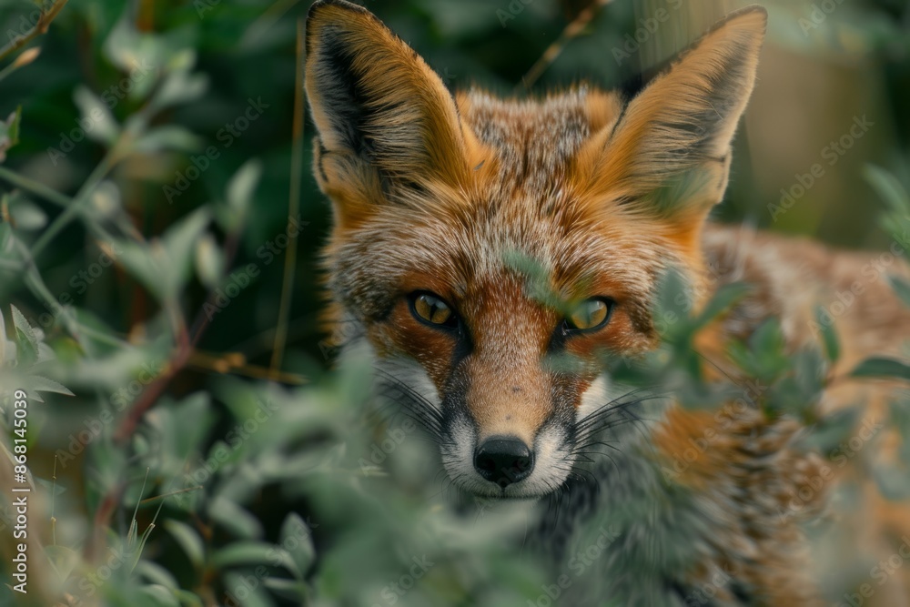 Fototapeta premium Fox in bushes, fox eye, nature