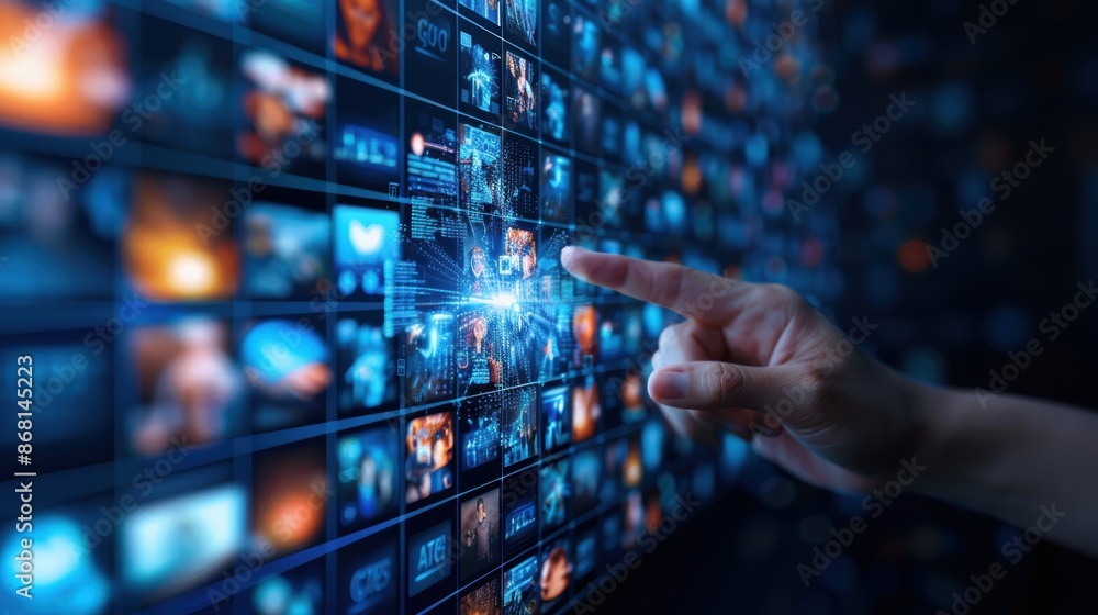 Hand interacting with digital interface displaying multiple videos and images. Technology, multimedia concept, futuristic digital touch screen. Hand interacting with digital interface displaying multiple videos and images. Technology, multimedia concept, futuristic digital touch screen.