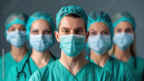Medical team of surgeons in masks and scrubs, ready for surgery, in a hospital setting.