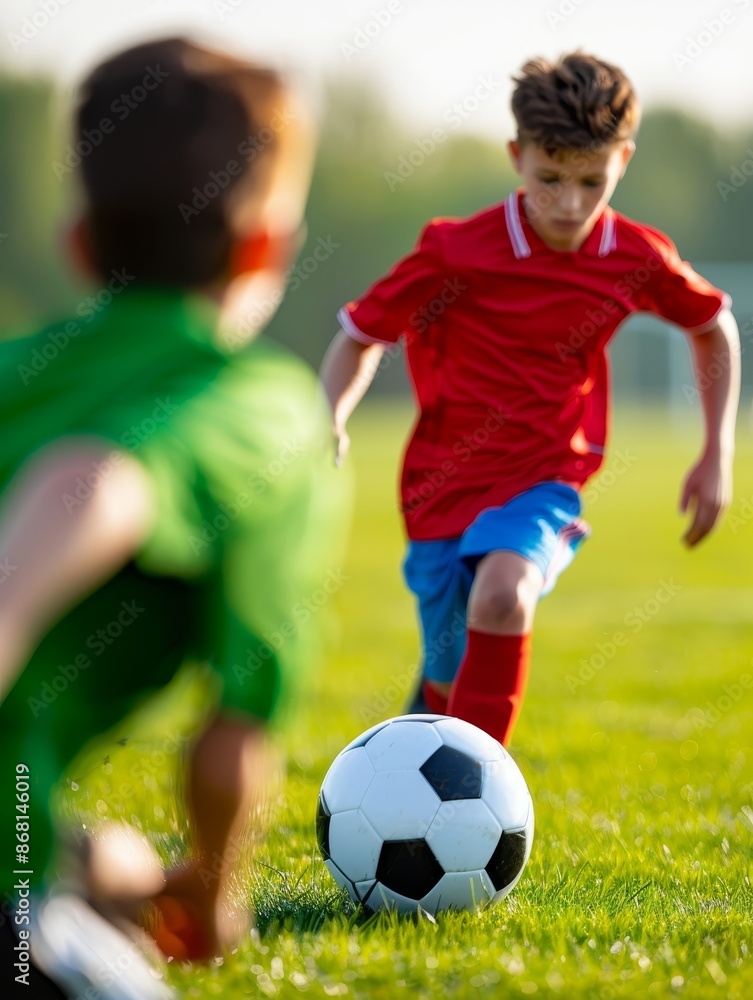 Fototapeta premium young soccer player dribbling the ball on grass field during game.