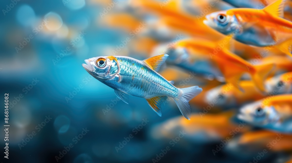 Naklejka premium Vibrant fish swimming in clear blue water with a colorful school of orange fish in the background, creating a dynamic underwater scene.
