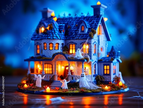 enchanting halloween haunted house with spooky ghosts and glowing lights. photo