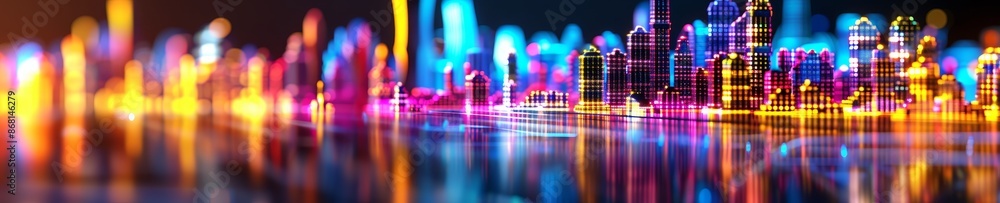 abstract neon cityscape - illuminated urban skyline with glowing lights and reflections. abstract neon cityscape - illuminated urban skyline with glowing lights and reflections.
