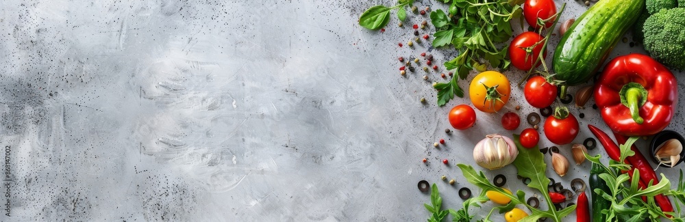 Fresh Vegetables and Herbs on a Gray Background Fresh Vegetables and Herbs on a Gray Background