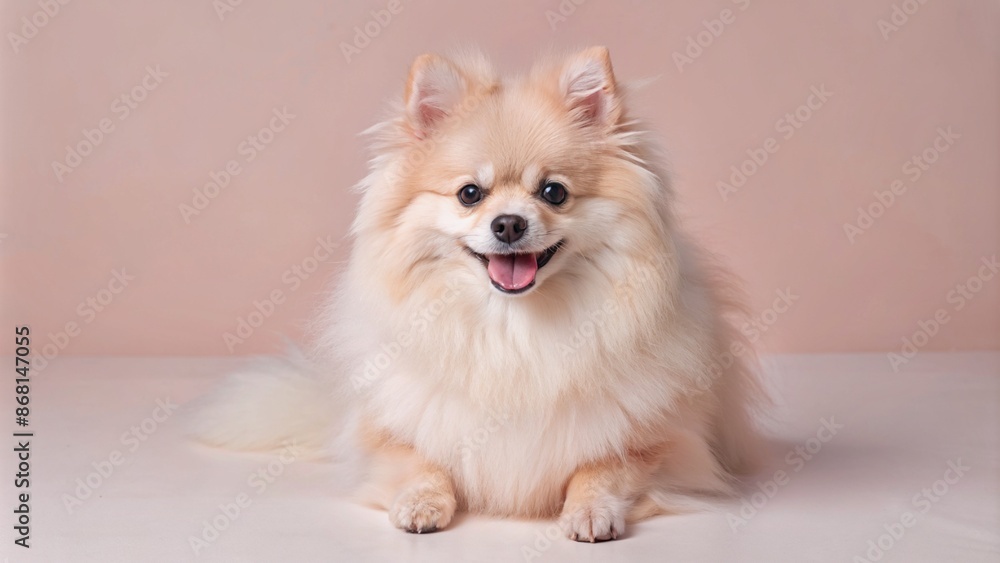 Cream Pomeranian Spitz dog in a white studio setting, looking happy, groomed, and calm Cream Pomeranian Spitz dog in a white studio setting, looking happy, groomed, and calm