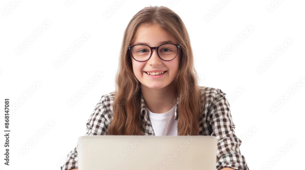 Portrait of smiling teen girl with glasses using a laptop computer studying online on transparent background
Portrait of smiling teen girl with glasses using a laptop computer studying online on transparent background