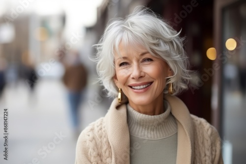 Portrait of a happy senior woman walking in the street, smiling
