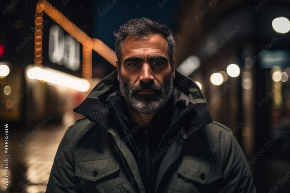 Portrait of a bearded man on a city street at night. Portrait of a bearded man on a city street at night.