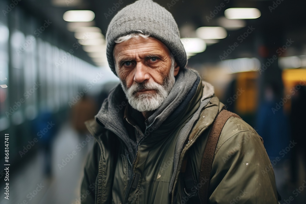 Portrait of an old man with gray beard in a green jacket and a gray hat in the subway Portrait of an old man with gray beard in a green jacket and a gray hat in the subway