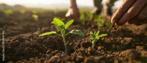 Close-up of a farmer planting seeds in fertile soil with young green seedlings, highlighting agriculture and growth.
