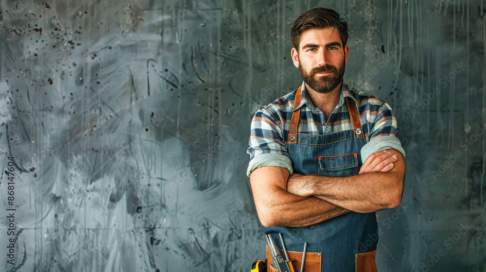 A man in a blue apron and plaid shirt stands confidently in front of a textured wall, arms crossed, ready to take on his next project A man in a blue apron and plaid shirt stands confidently in front of a textured wall, arms crossed, ready to take on his next project