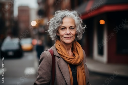 Portrait of smiling senior woman with gray hair in the city.